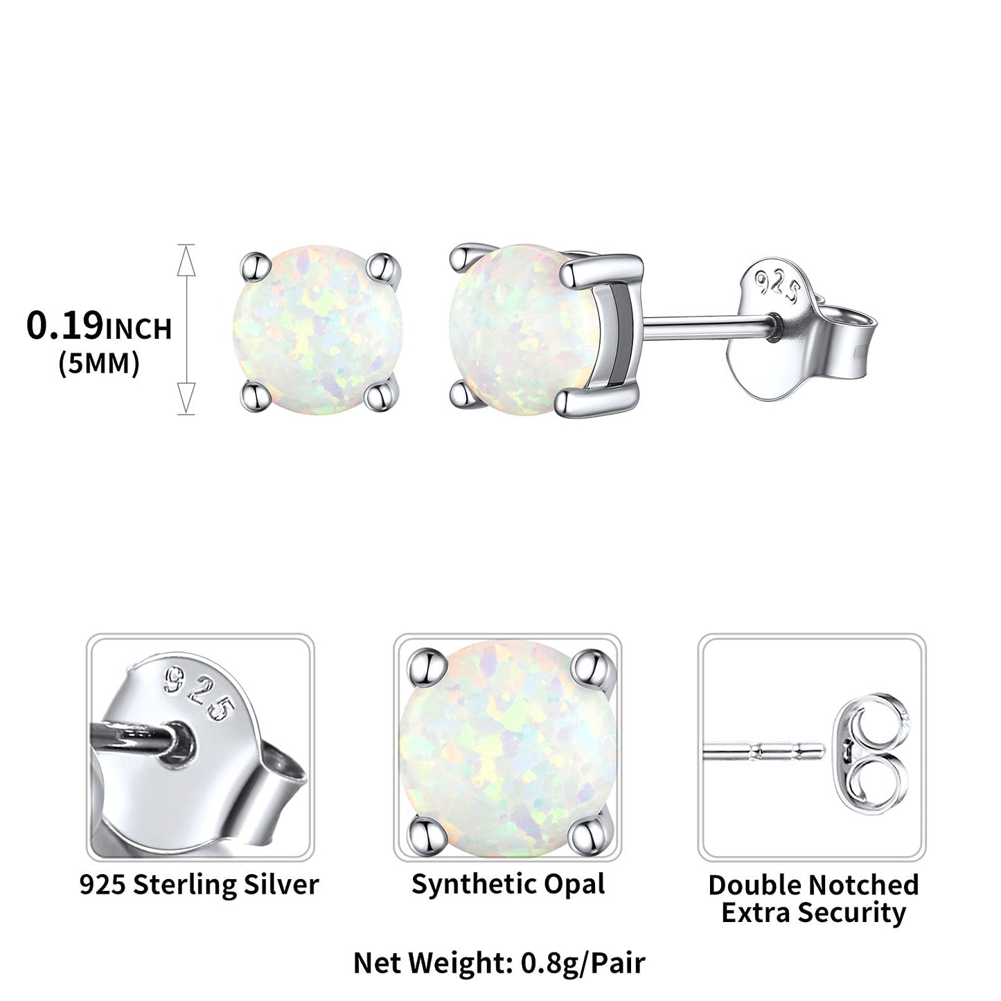 5Mm Created White Opal Stud Earrings, Hypoallergenic Sterling Silver round Cut Earrings for Women Girls October Birthstone Jewelry